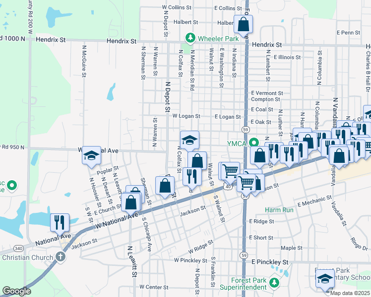 map of restaurants, bars, coffee shops, grocery stores, and more near 410 North Meridian Street in Brazil