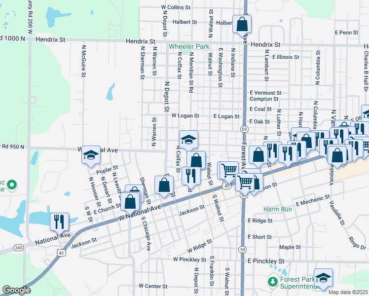 map of restaurants, bars, coffee shops, grocery stores, and more near 410 North Meridian Street in Brazil
