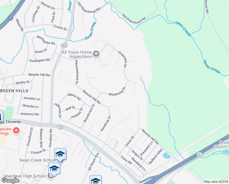 map of restaurants, bars, coffee shops, grocery stores, and more near 581 Windsong Drive in Aberdeen