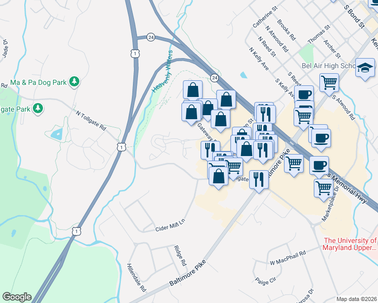 map of restaurants, bars, coffee shops, grocery stores, and more near 601 Thames Way in Bel Air