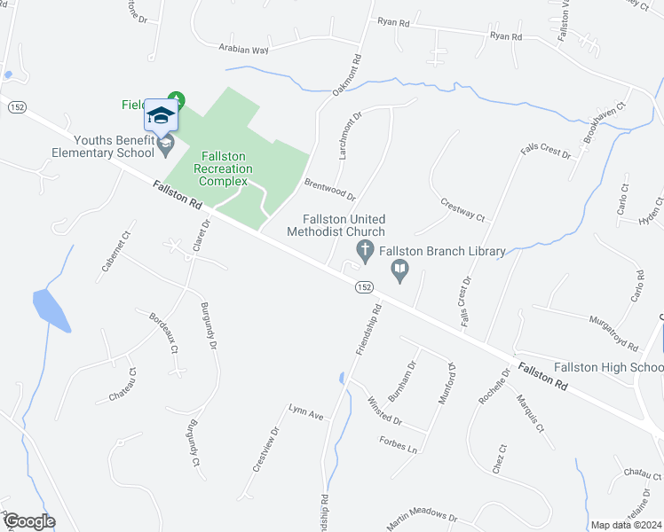 map of restaurants, bars, coffee shops, grocery stores, and more near 1599 Fallston Road in Fallston