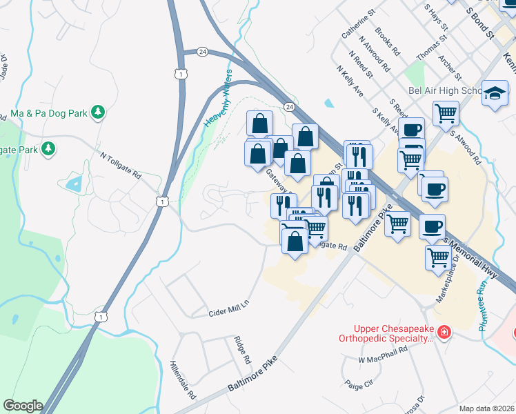 map of restaurants, bars, coffee shops, grocery stores, and more near 601 Thames Way in Bel Air