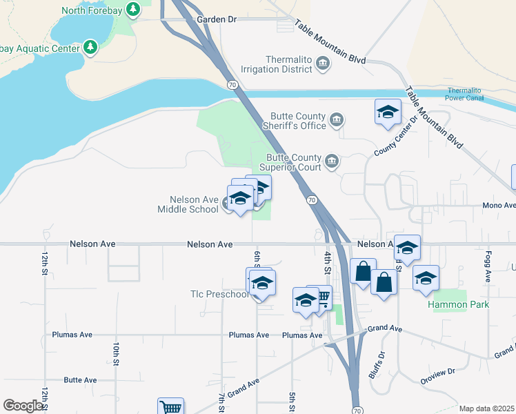 map of restaurants, bars, coffee shops, grocery stores, and more near 2255 6th Street in Oroville