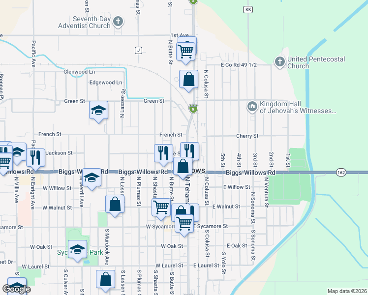 map of restaurants, bars, coffee shops, grocery stores, and more near 123 Vine Street in Willows