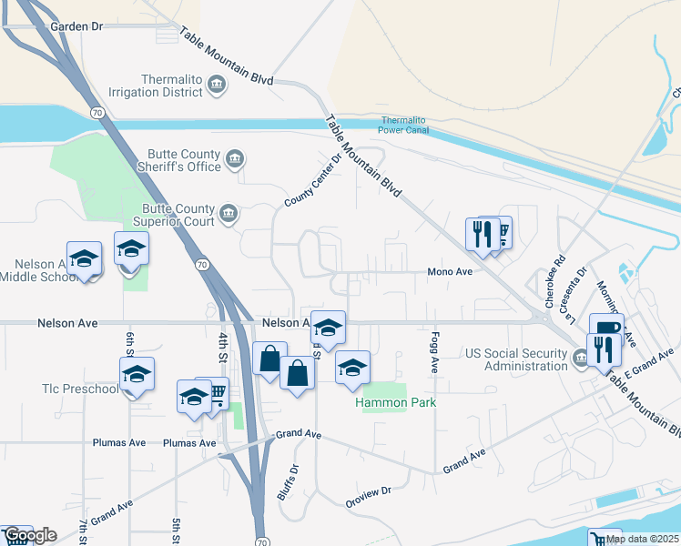 map of restaurants, bars, coffee shops, grocery stores, and more near 0 Mono Avenue in Oroville