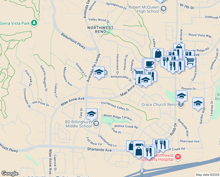 map of restaurants, bars, coffee shops, grocery stores, and more near 1785 Ambassador Dr in Reno