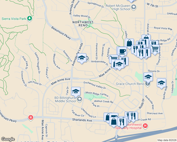 map of restaurants, bars, coffee shops, grocery stores, and more near 1785 Ambassador Dr in Reno