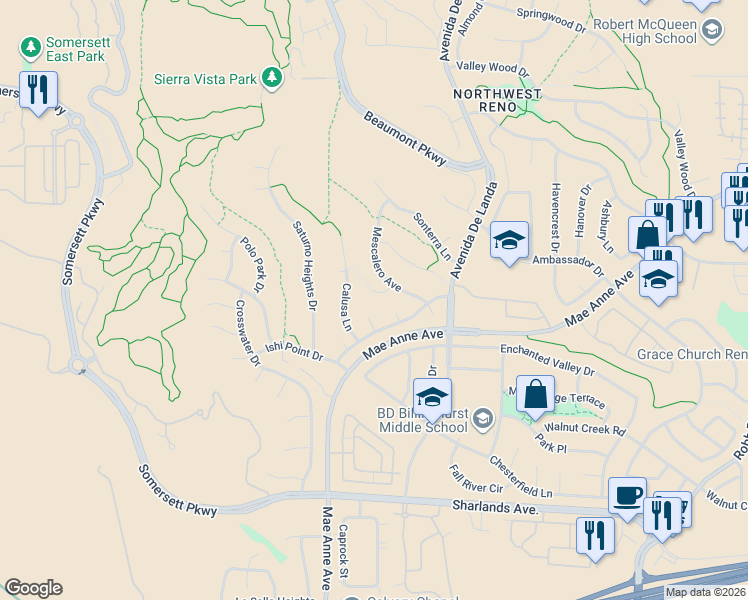 map of restaurants, bars, coffee shops, grocery stores, and more near 1535 Mescalero Avenue in Reno