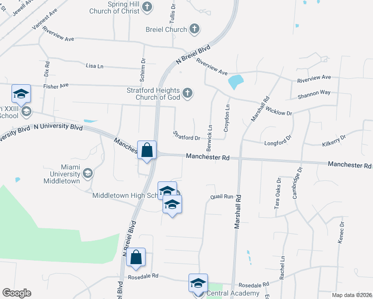 map of restaurants, bars, coffee shops, grocery stores, and more near 4508 Stratford Drive in Middletown