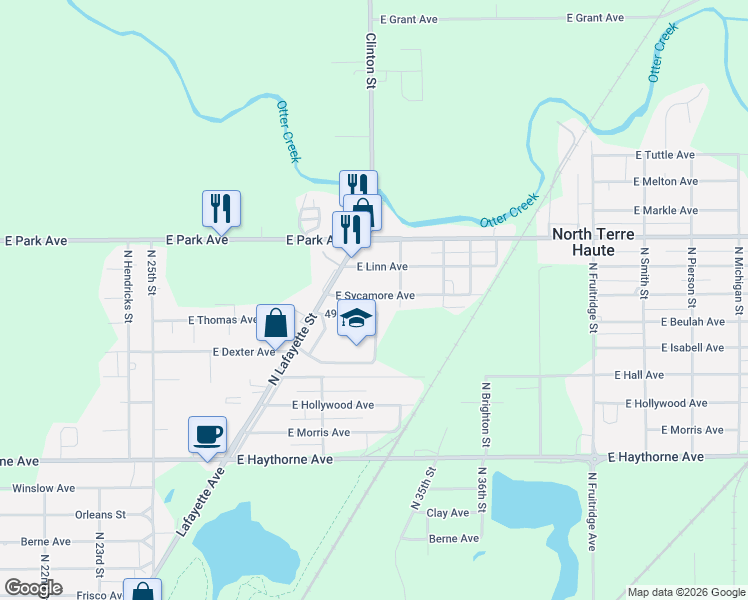 map of restaurants, bars, coffee shops, grocery stores, and more near 4951-4999 N Sander St in North Terre Haute