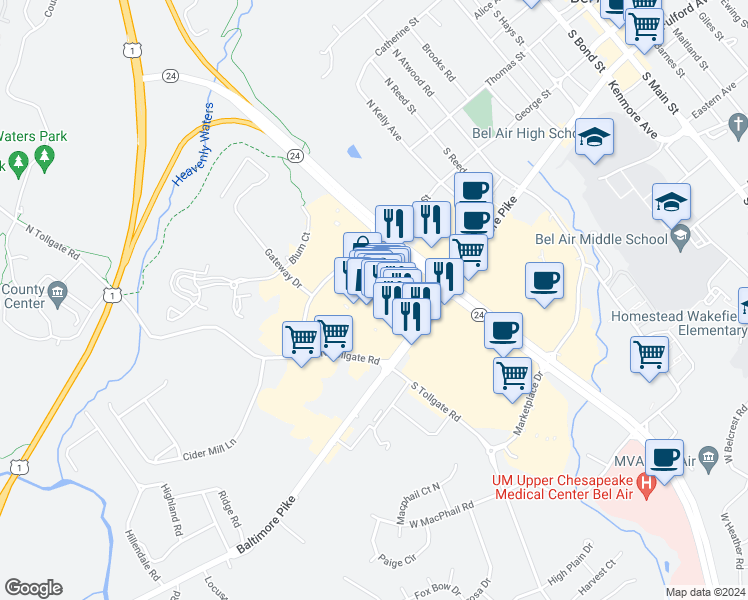 map of restaurants, bars, coffee shops, grocery stores, and more near 676 Belair Road in Bel Air