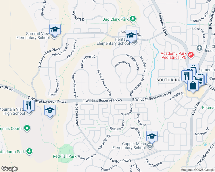 map of restaurants, bars, coffee shops, grocery stores, and more near 10260 Rustic Redwood Way in Littleton