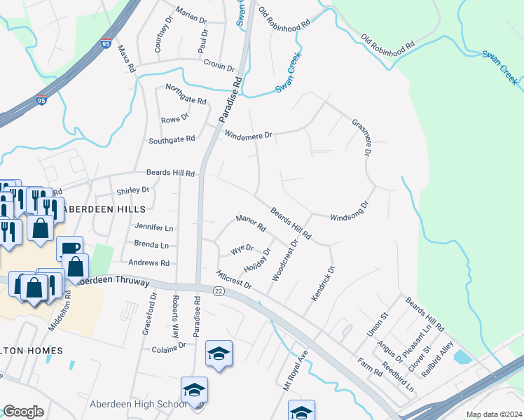 map of restaurants, bars, coffee shops, grocery stores, and more near 521 Beards Hill Rd in Aberdeen