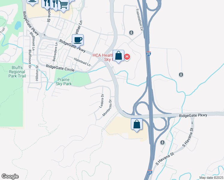 map of restaurants, bars, coffee shops, grocery stores, and more near 10521 Montecito Drive in Lone Tree