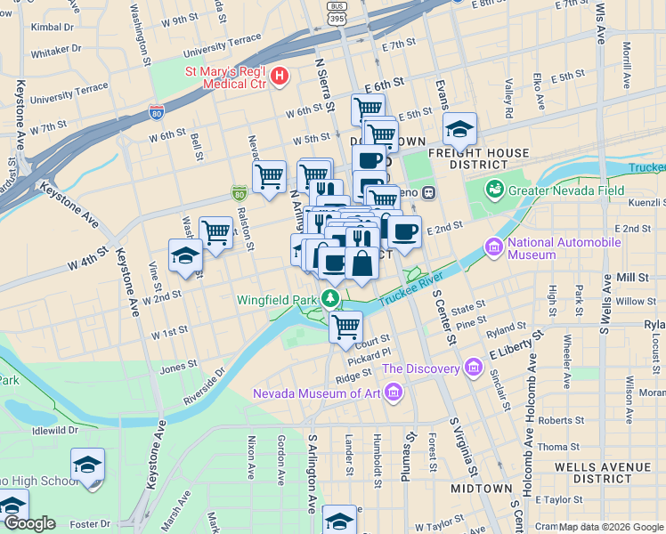 map of restaurants, bars, coffee shops, grocery stores, and more near 130 West 2nd Street in Reno