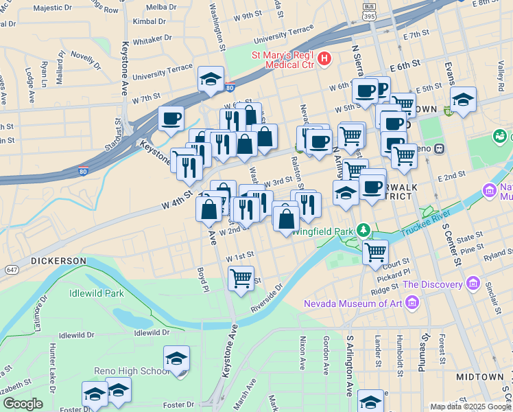 map of restaurants, bars, coffee shops, grocery stores, and more near 291 Washington Street in Reno