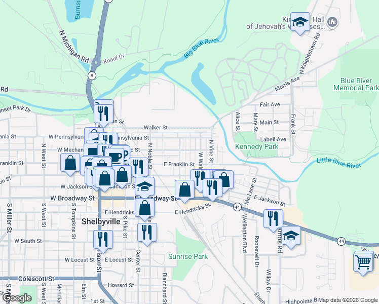 map of restaurants, bars, coffee shops, grocery stores, and more near 214 North Hamilton Street in Shelbyville