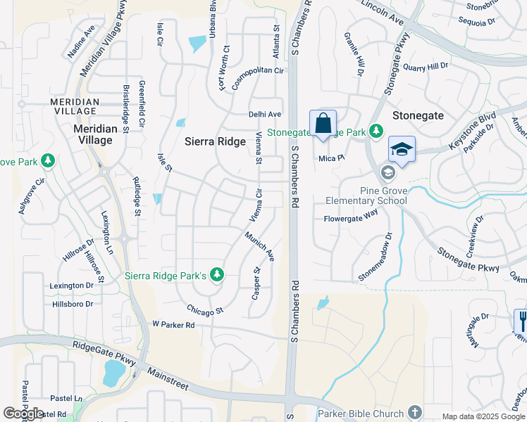 map of restaurants, bars, coffee shops, grocery stores, and more near 15068 Vienna Circle in Parker