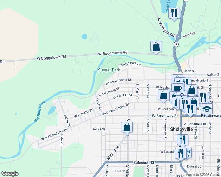 map of restaurants, bars, coffee shops, grocery stores, and more near 505 West Pennsylvania Street in Shelbyville