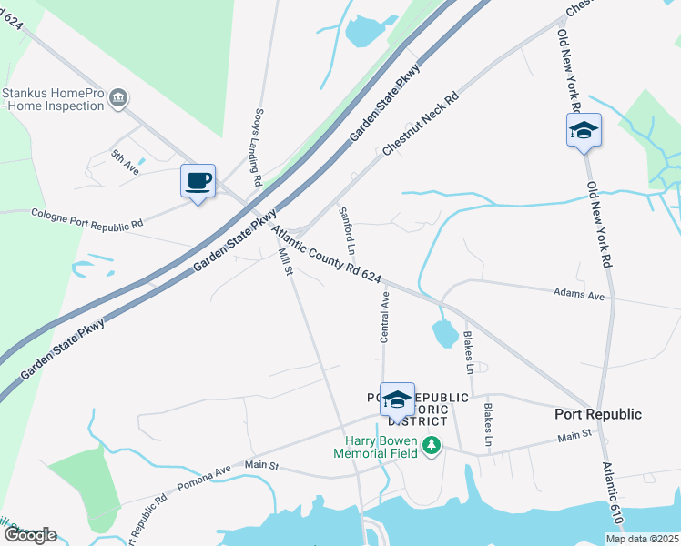 map of restaurants, bars, coffee shops, grocery stores, and more near 166 Clarks Landing Road in Port Republic