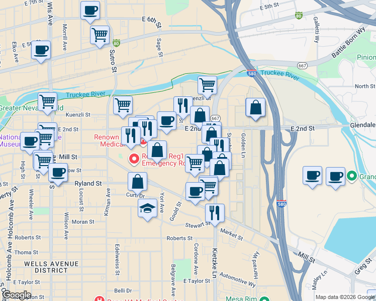 map of restaurants, bars, coffee shops, grocery stores, and more near 277 Gould Street in Reno
