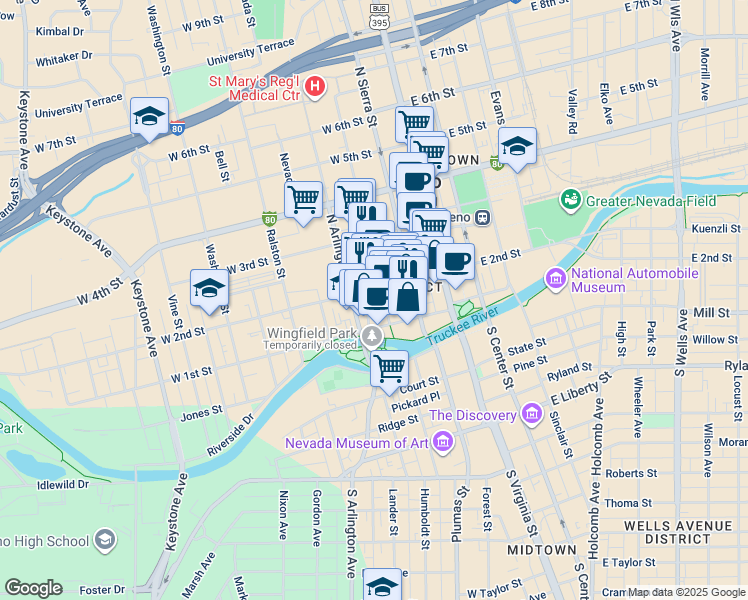 map of restaurants, bars, coffee shops, grocery stores, and more near 130 West 2nd Street in Reno