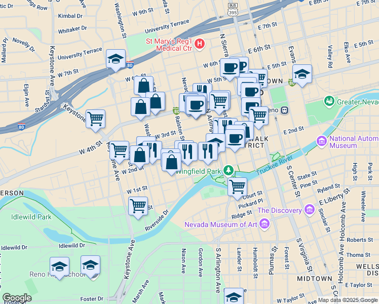 map of restaurants, bars, coffee shops, grocery stores, and more near 240 Ralston Street in Reno