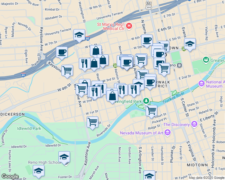 map of restaurants, bars, coffee shops, grocery stores, and more near 640 West 3rd Street in Reno