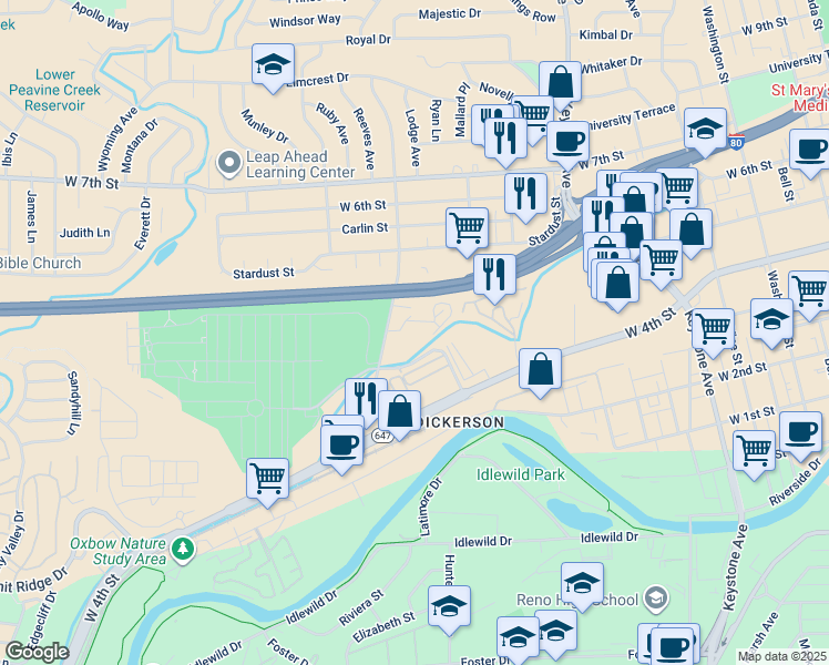 map of restaurants, bars, coffee shops, grocery stores, and more near 500 Stoker Avenue in Reno
