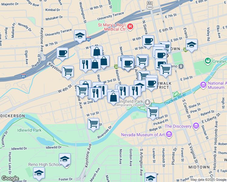 map of restaurants, bars, coffee shops, grocery stores, and more near 220 Bell Street in Reno
