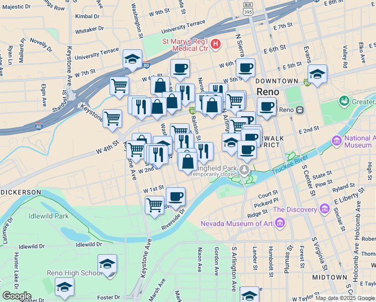 map of restaurants, bars, coffee shops, grocery stores, and more near 220 Bell Street in Reno