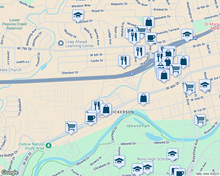 map of restaurants, bars, coffee shops, grocery stores, and more near 500 Stoker Avenue in Reno