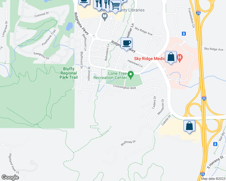 map of restaurants, bars, coffee shops, grocery stores, and more near Night Star Place in Lone Tree