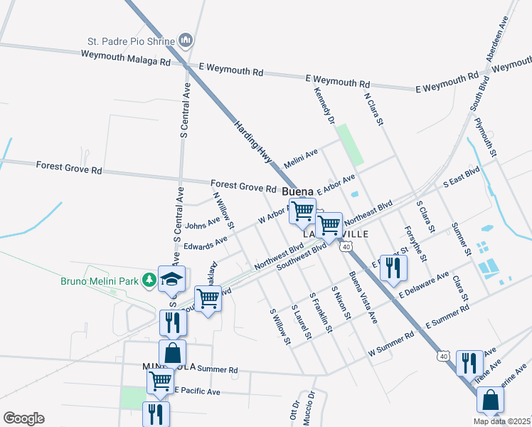 map of restaurants, bars, coffee shops, grocery stores, and more near 302 West Arbor Avenue in Buena