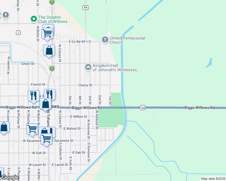 map of restaurants, bars, coffee shops, grocery stores, and more near 466 1st Street in Willows