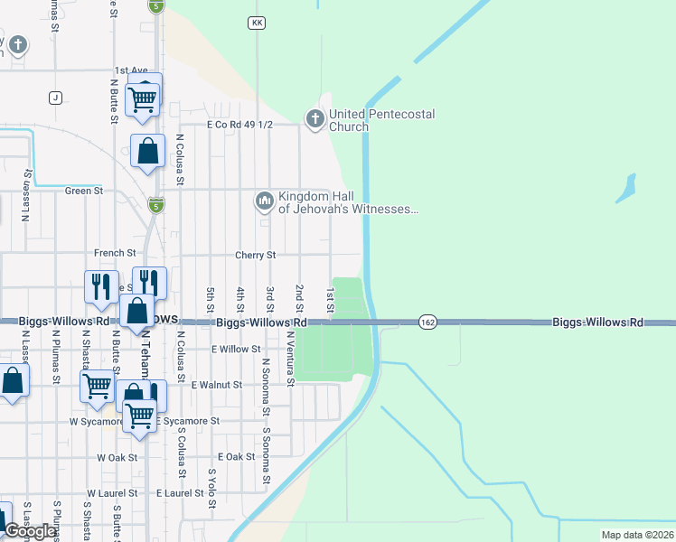 map of restaurants, bars, coffee shops, grocery stores, and more near 788 Cherry Street in Willows