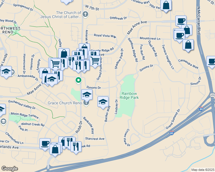 map of restaurants, bars, coffee shops, grocery stores, and more near 5825 Simons Drive in Reno