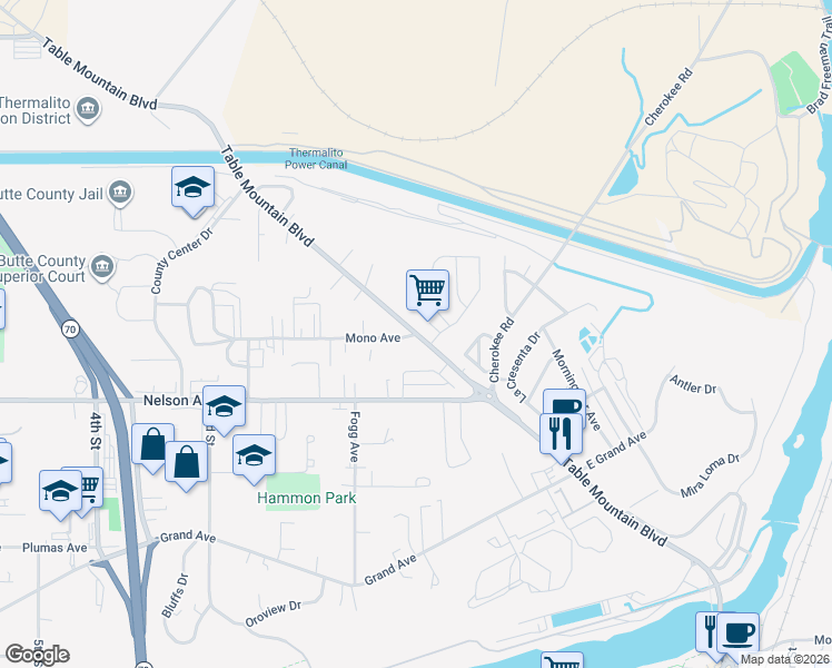map of restaurants, bars, coffee shops, grocery stores, and more near 233 Table Mountain Boulevard in Oroville