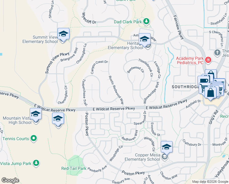 map of restaurants, bars, coffee shops, grocery stores, and more near 10234 Rustic Redwood Lane in Littleton