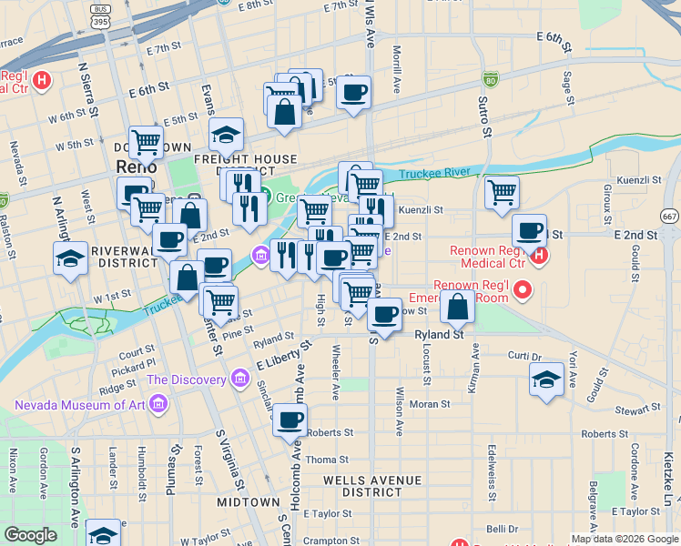 map of restaurants, bars, coffee shops, grocery stores, and more near 527 Mill Street in Reno