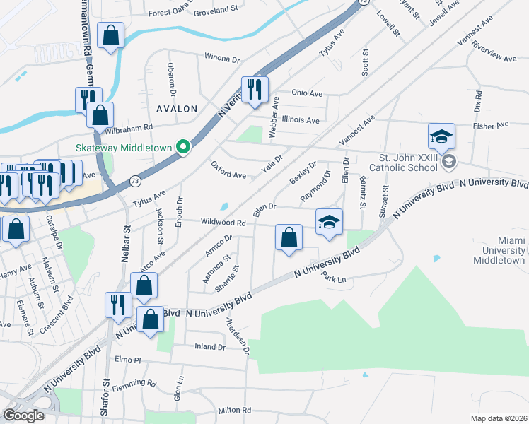map of restaurants, bars, coffee shops, grocery stores, and more near 1212 Ellen Drive in Middletown