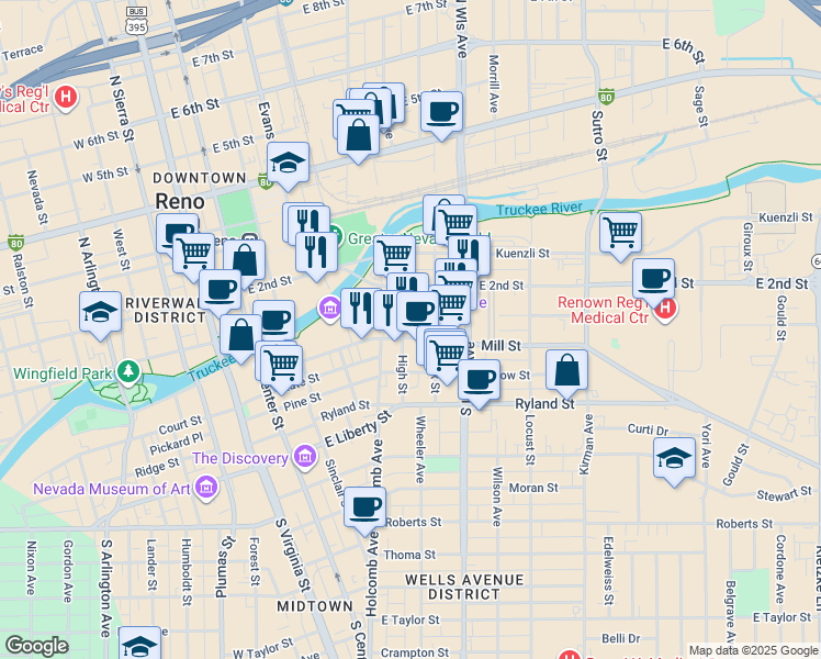 map of restaurants, bars, coffee shops, grocery stores, and more near 527 Mill Street in Reno