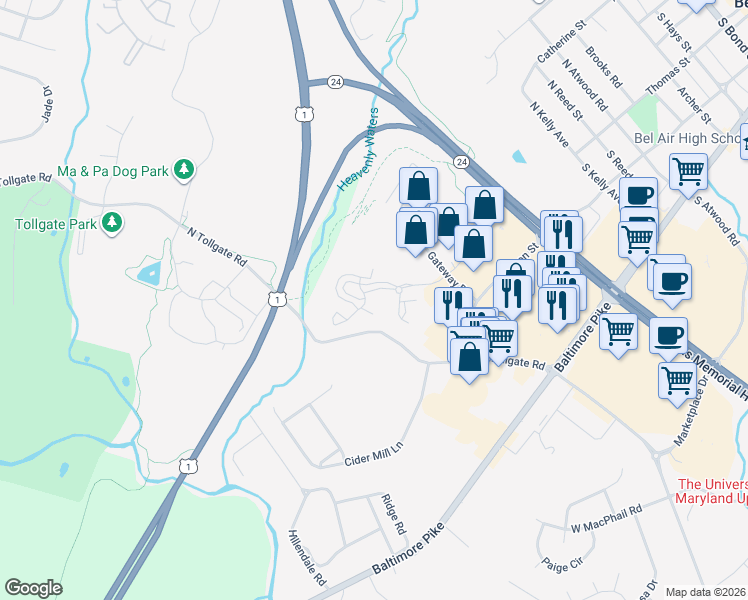 map of restaurants, bars, coffee shops, grocery stores, and more near 601 Churchhill Road in Bel Air