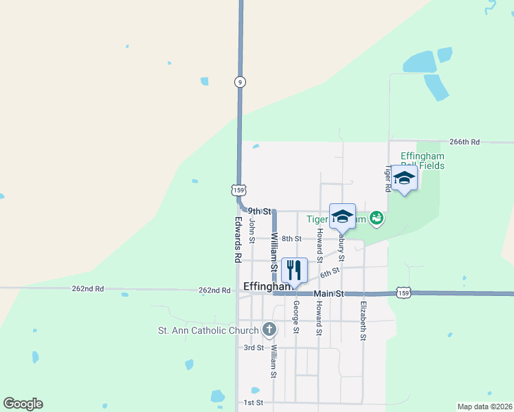 map of restaurants, bars, coffee shops, grocery stores, and more near 703-8825 9th St in Effingham