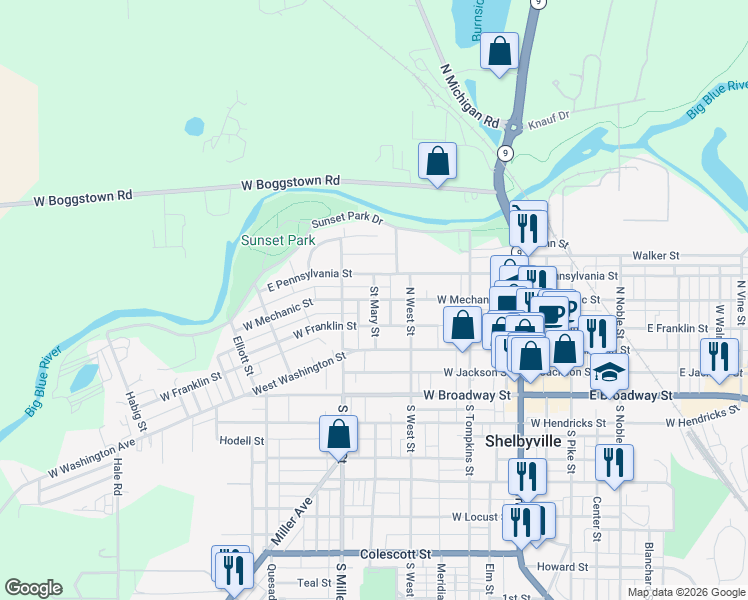 map of restaurants, bars, coffee shops, grocery stores, and more near 299 West Mechanic Street in Shelbyville