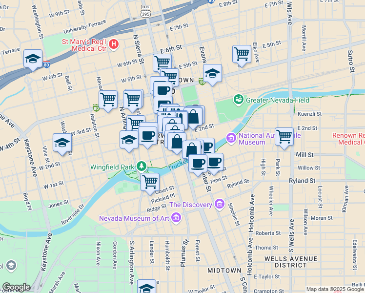 map of restaurants, bars, coffee shops, grocery stores, and more near East 1st Street in Reno