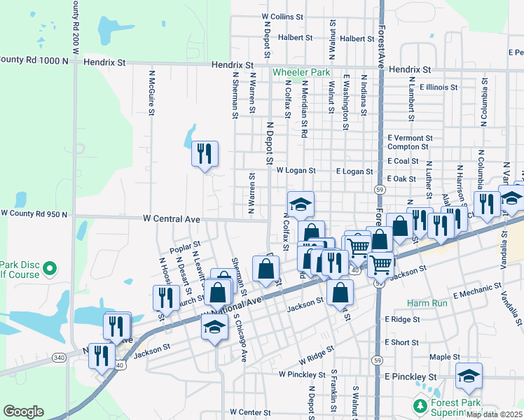 map of restaurants, bars, coffee shops, grocery stores, and more near 401-499 North Depot Street in Brazil