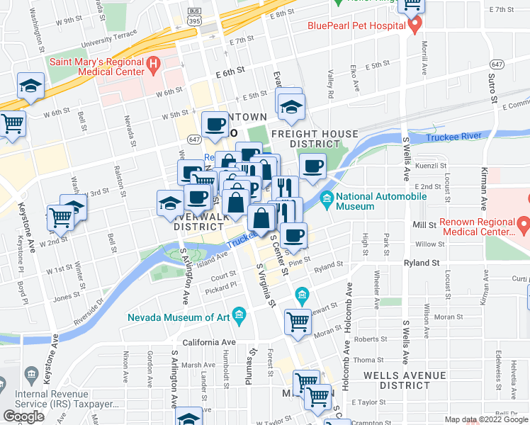 map of restaurants, bars, coffee shops, grocery stores, and more near East 1st Street in Reno