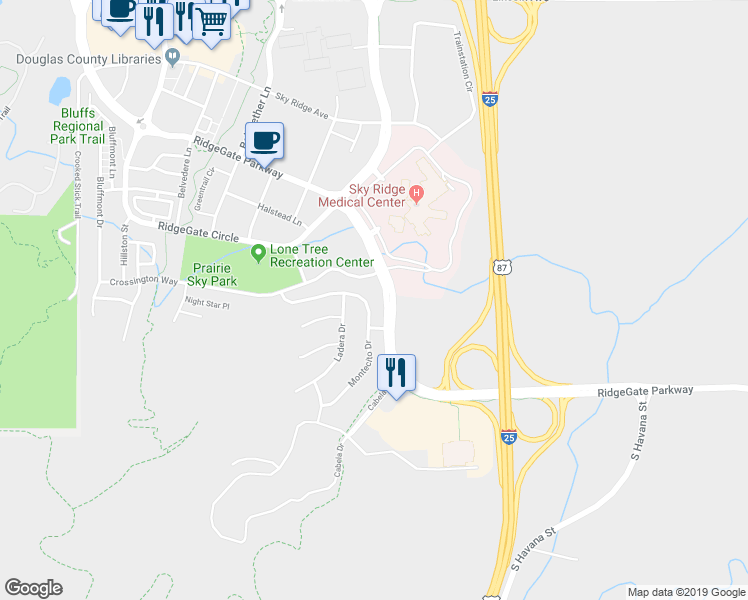 map of restaurants, bars, coffee shops, grocery stores, and more near 10521 Montecito Drive in Lone Tree
