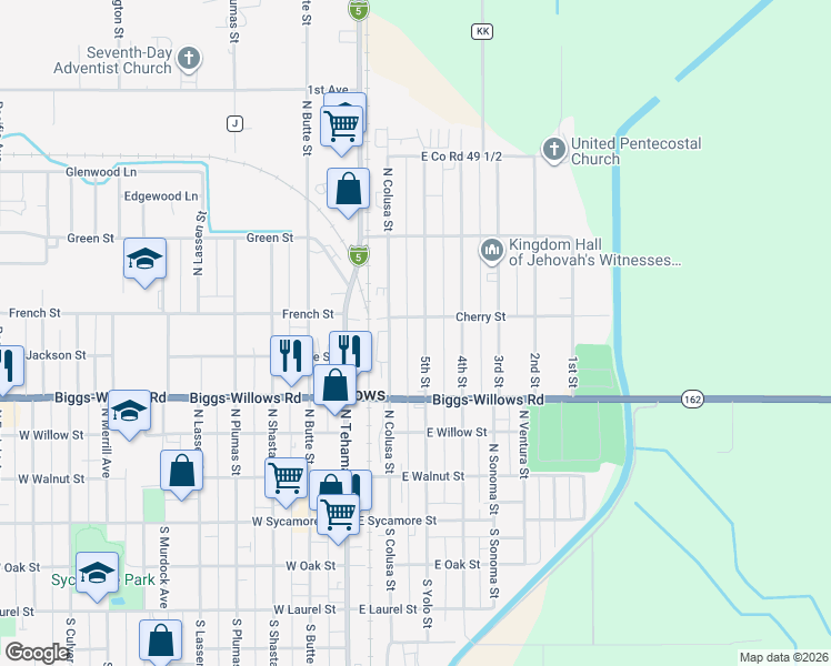 map of restaurants, bars, coffee shops, grocery stores, and more near 439 5th Street in Willows